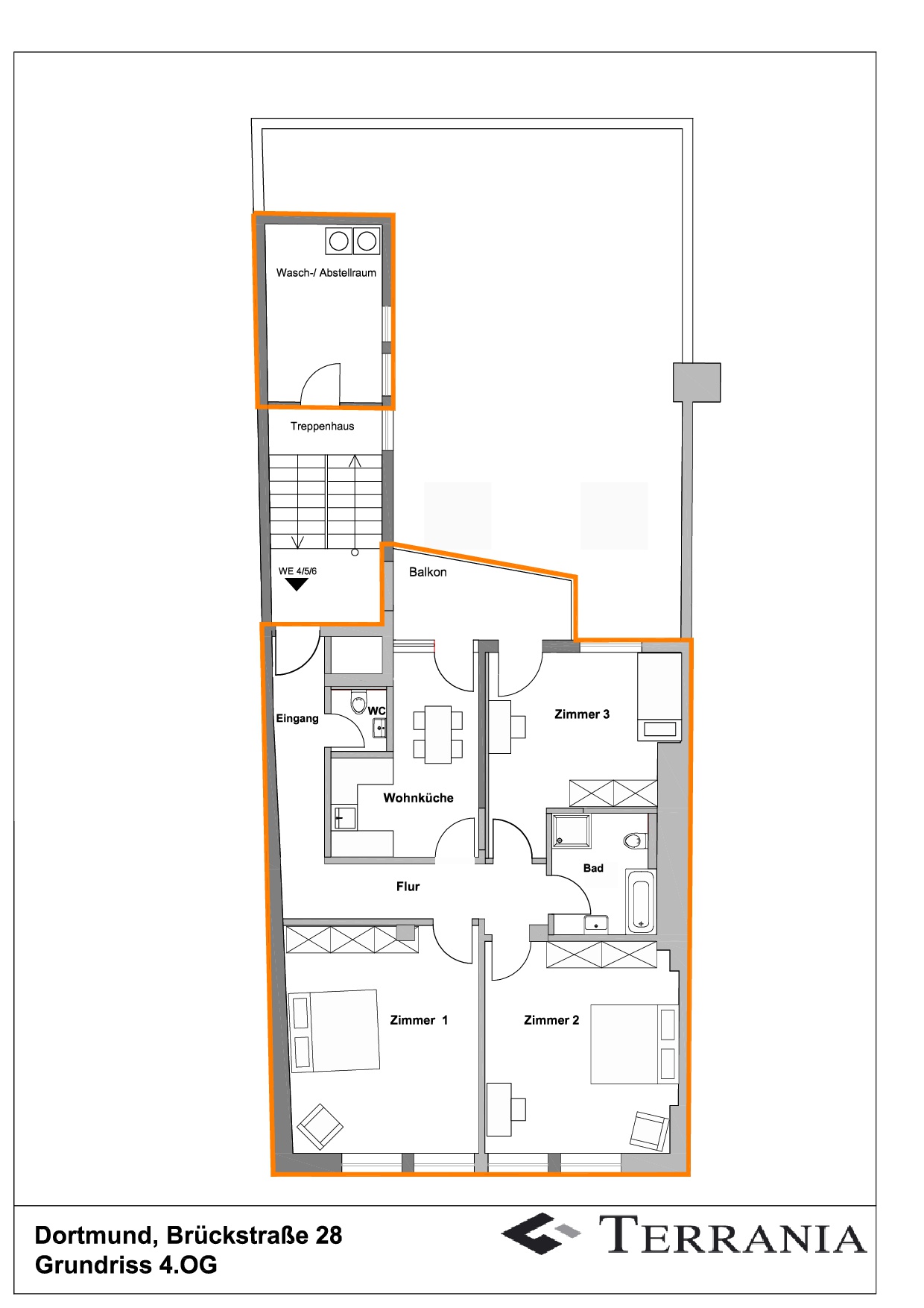 Attraktive sanierte 3-Zimmer-Wohnung mit Balkon und Einbauküche im Herzen von Dortmund! - Grundriss 4OG